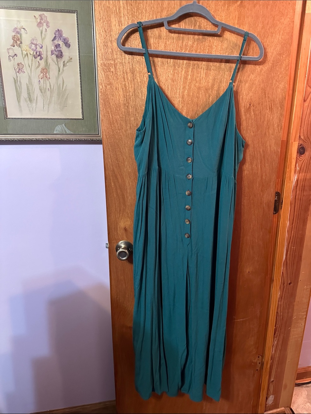 Kori Teal Button-Front Spaghetti Strap Maxi Jumpsuit